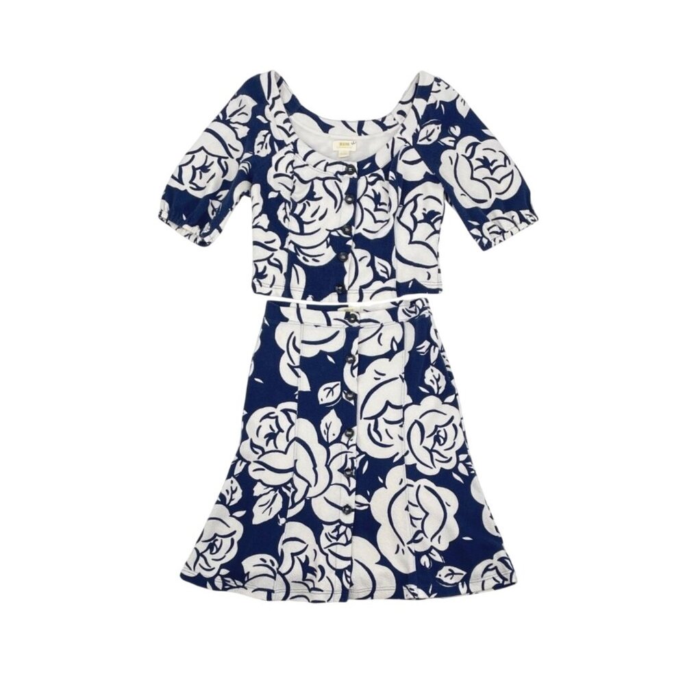Anthropologie Maeve Amiens Blue Floral Midi Flared Skirt Top Set Womens Medium - Picture 2 of 12